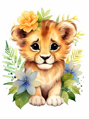 A lion cub with a flower in its hair watercolor on a white background