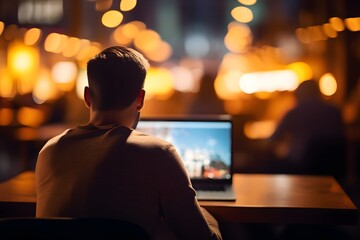 Back view of a man working on a computer in the evening office with out of focus blurred bokeh background - Generative ai