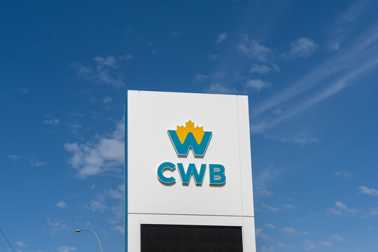 A CWB (Canadian Western Bank) sign with blue sky background in Calgary, Alberta, on July 3, 2023. Canadian Western Bank, also operating as CWB Financial Group, is a Canadian bank. 