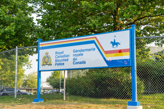 Royal Canadian Mounted Police (RCMP) detachment sign in Richmond, BC, Canada, July 7, 2023. 