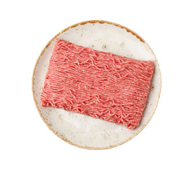 Fresh raw ground meat isolated on white, top view