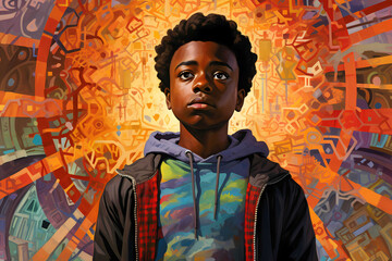 Obraz premium Bright colorful portrait of a dark-skinned boy on a yellow background