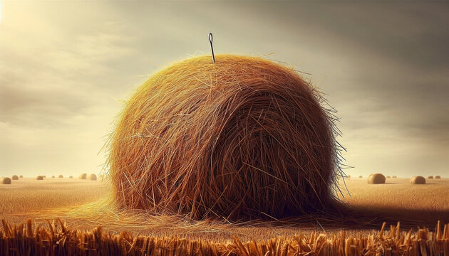 An image of a large haystack with a tiny needle partially sticking out - Generative AI