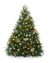 Beautiful Christmas tree decorated with ornaments isolated on white