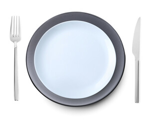 Clean plates, fork and knife on white background, top view