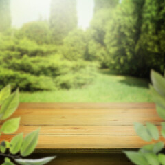 Empty wooden table in garden on sunny day. Space for design