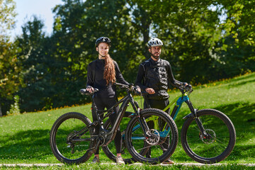 Fototapeta premium A sweet couple, equipped with bicycles and engrossed in coordinating their journey, checks their GPS mobile and watches while planning scenic routes in the park, seamlessly blending technology and