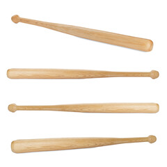 Many different wooden baseball bats isolated on white, set