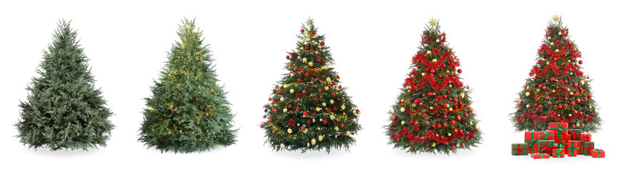 Christmas tree isolated on white, step-by-step decorating