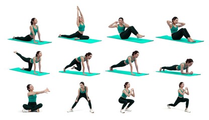 Fototapeta na wymiar Collection of body workout training with exercise posture for athletic woman in different various exercising pose sequence in full body studio shot on isolated background. Vigorous