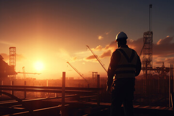 Fototapeta premium The backside shot of a male labor worker standing on the top of the building's scaffolding construction to check projects at the worksite at the sunset time. Generative AI.