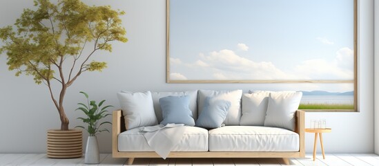 Scandinavian interior design with summer landscape seen from a white room with a sofa - obrazy, fototapety, plakaty