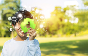 Green recycle symbol for environmental sustainability and natural protection awareness campaign...