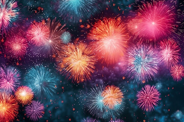 Fototapeta premium Multi-colored bright fireworks against sky, texture and background.