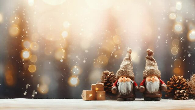 gnome christmas decorations bokeh light background, Winter holiday christmas background banner