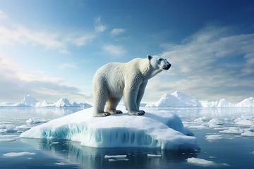 Foto op Canvas Polar bear standing on ice due to melting iceberg. Symbolic of global warming. Generative AI © Octavia