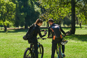 A blissful couple, adorned in professional cycling gear, enjoys a romantic bicycle ride through a...