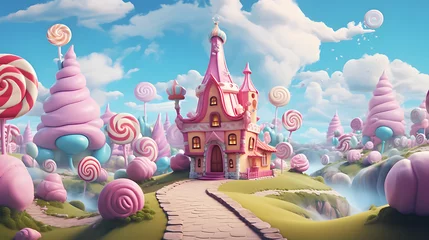 Zelfklevend Fotobehang fantasy illustration of a small cute candy land with a sugary house © Lucky Ai
