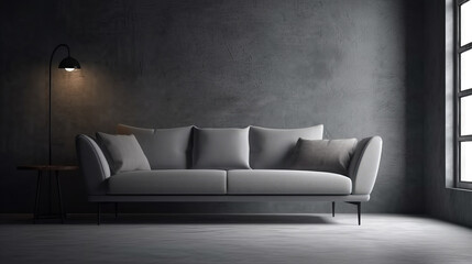 Grey modern sofa in empty room with grey walls and concrete floor. 3d render. Decor concept. Real estate concept. Art concept. Design concept. Interior concept. Plant concept