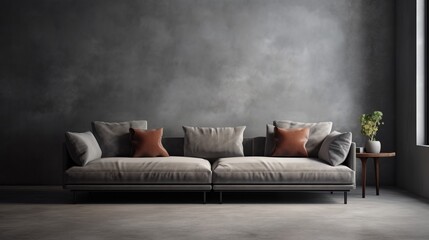 Grey modern sofa in empty room with grey walls and concrete floor. 3d render. Decor concept. Real estate concept. Art concept. Design concept. Interior concept. Plant concept