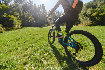 Fototapeta na wymiar In the radiant glow of a sunny day, a fitness enthusiast, donned in professional gear, pedals through the park on his bicycle, embodying strength and vitality in a dynamic outdoor workout