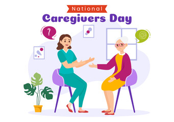 National Caregivers Day Vector Illustration on February 16th to Provide Selfless Personal Care and Physical Support in Healthcare Flat Background