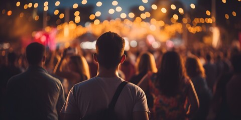 back view of people on a music festival in the evening out of focus bokeh blurred bright lights - Generative ai