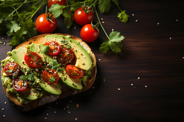 Avocado toast on a wood table, with copy space