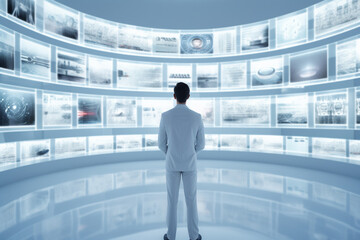 The backside portrait of a  male professional staff in white outfits is watching multiple monitor screens, futuristic technology concepts. Generative AI.