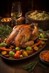beautifully roasted chicken with winter vegetables on a festive table, promising a sumptuous and comforting meal for family gatherings