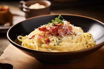 creamy carbonara or hearty pasta with grated cheese, showcasing the richness and textures in a cozy winter setting with culinary allure