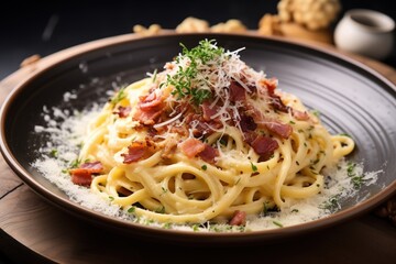 creamy carbonara or hearty pasta with grated cheese, showcasing the richness and textures in a cozy winter setting with culinary allure