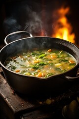 hearty winter soup in a cast-iron pot, evoking warmth and comfort with steam rising delicately. Perfect for showcasing seasonal comfort in culinary settings