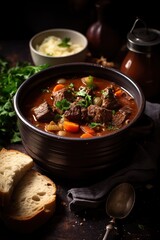 mug filled with steaming beef or vegetable stew, alongside freshly baked bread, presenting a heartwarming winter dish with cozy charm