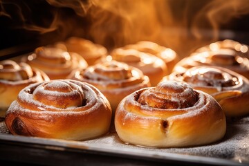 freshly baked bread or cinnamon rolls straight from the oven, capturing the golden crusts and enticing aromas in an inviting setting