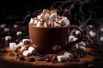 steamy mug of rich hot cocoa topped with whipped cream and marshmallows against a snowy backdrop, inviting cozy moments of winter indulgence