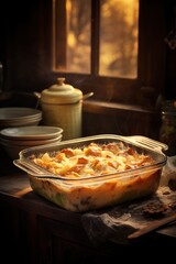 freshly baked casserole dish, capturing the bubbling goodness fresh out of the oven on a rustic table, promising cozy comfort with every bite