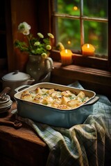 freshly baked casserole dish, capturing the bubbling goodness fresh out of the oven on a rustic table, promising cozy comfort with every bite