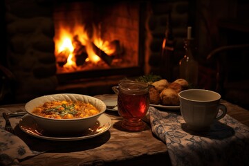 plated meal near a crackling fireplace, creating a cozy atmosphere with a bowl of chili or a baked casserole, perfect for winter indulgence