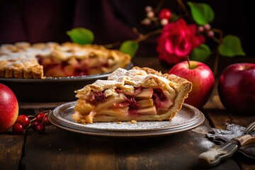 Delight in a slice of warm fruit pie on a rustic plate, capturing the flaky crust and fruity fillings amidst a charming baking scene with homemade allure