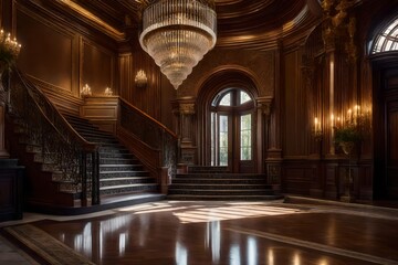 A grand foyer with a sweeping staircase, crystal chandelier, and intricate architectural details, creating an elegant entryway