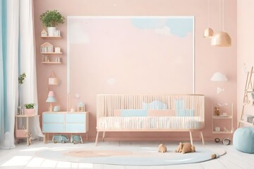 A charming nursery with soft pastel colors, a crib, and playful decorations, creating a whimsical space for a baby.
