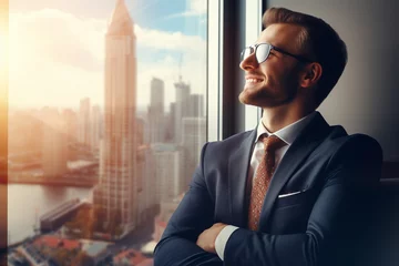 Deurstickers The portrait of a smiling businessman rising head up and looking at the sky isolated on an office and cityscape with sunset lights background. Generative AI. © Surachetsh
