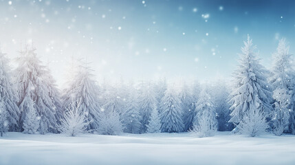 Christmas background with frosty winter landscape in snowy forest.