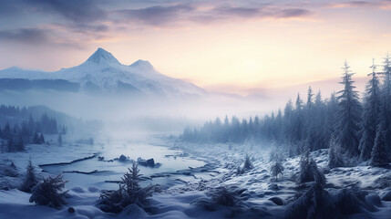 panorama of mountaineer standing on top of snowy mountain with sunrise - obrazy, fototapety, plakaty