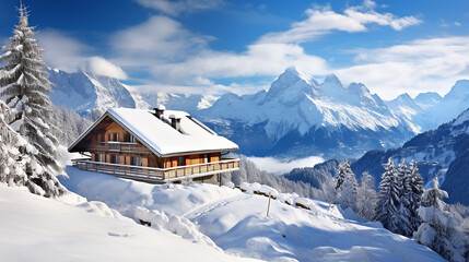 beautiful village covered by snow with clue sky background