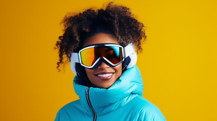 ski resort and snowboarding. glad smiling dark skinned woman wears white gloves - obrazy, fototapety, plakaty