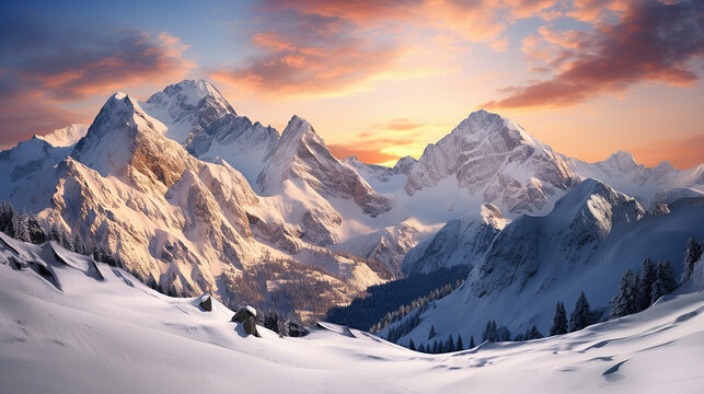 sunset in winter landscape in mountains Julian Alps