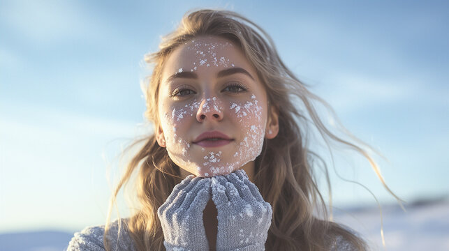 young woman applying sunscreen on her face in snow