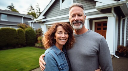 A joyful middle-aged couple celebrates their new home, smiling with love and contentment. Generative AI. - obrazy, fototapety, plakaty